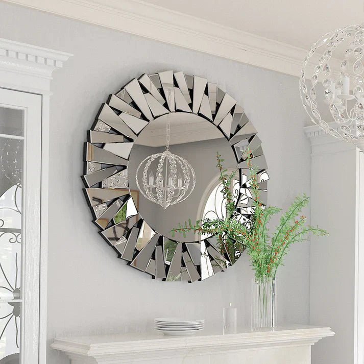Round Wall Mounted Sunburst Silver Glass Bathroom Vanity Mirror