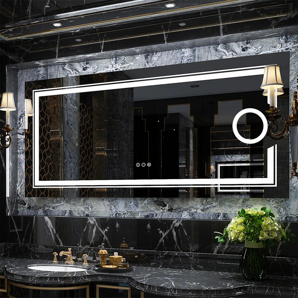 Rectangle Double Lights Bathroom Mirror with 3 X Magnifier – Illuminated Bathroom Mirror