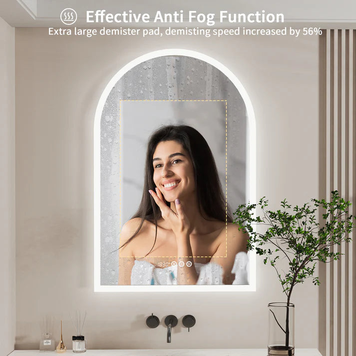 Arched Backlit Bathroom Mirror, Anti-Fog LED Mirror with Time, Date & Temperature Display and 3-Colour Lighting