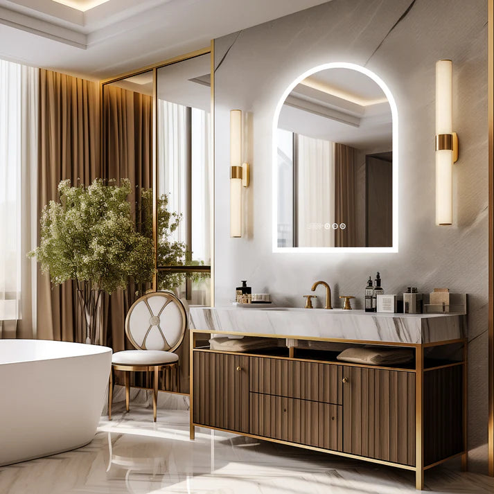 Arched Backlit Bathroom Mirror, Anti-Fog LED Mirror with Time, Date & Temperature Display and 3-Colour Lighting
