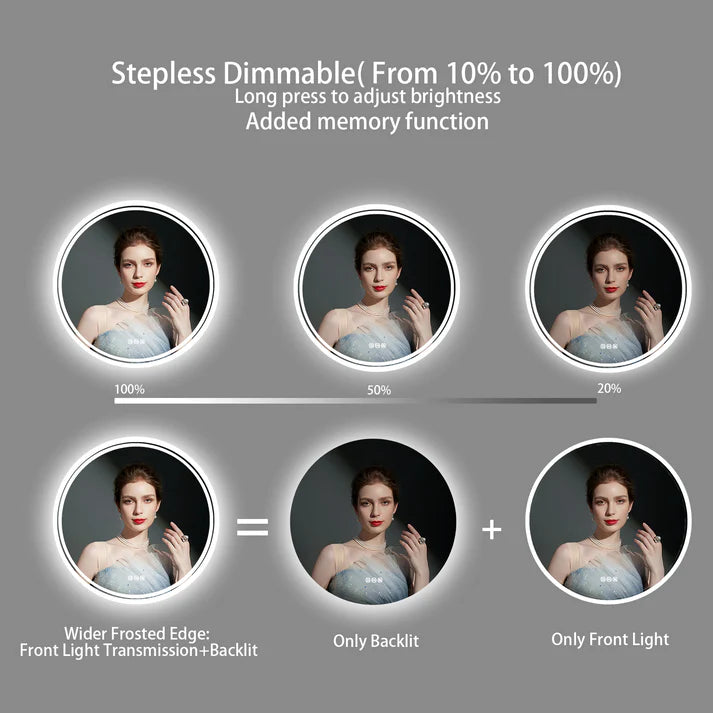 Round Backlit LED Bathroom Mirror with 3 Color Light Settings, Dimmable, anti-fog & memory function