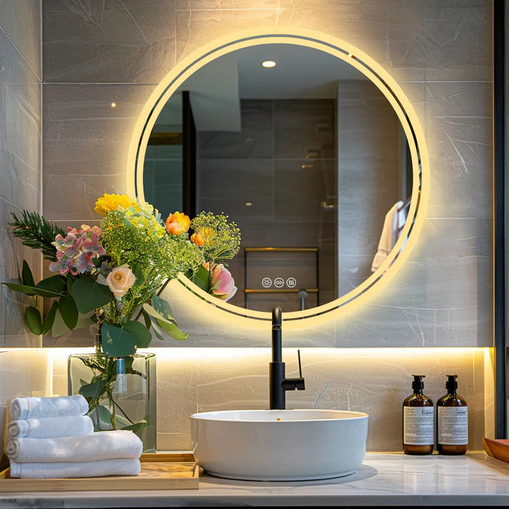 Round Backlit LED Bathroom Mirror with 3 Color Light Settings, Dimmable, anti-fog & memory function