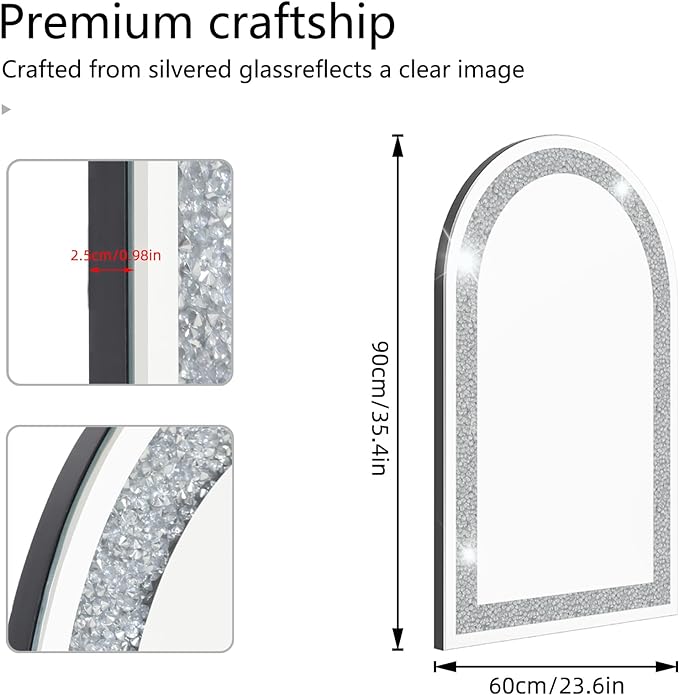 Arched Bathroom Mirror,Decorative Large Silver Glass Vanity with Crushed Diamond Crystal Bling Edge