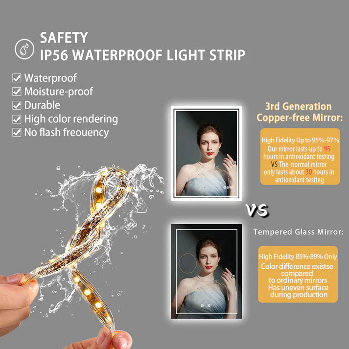 Rectangle Backlit Light LED Smart Bathroom Illumination Mirror, Wall Mounted, Anti-Fog