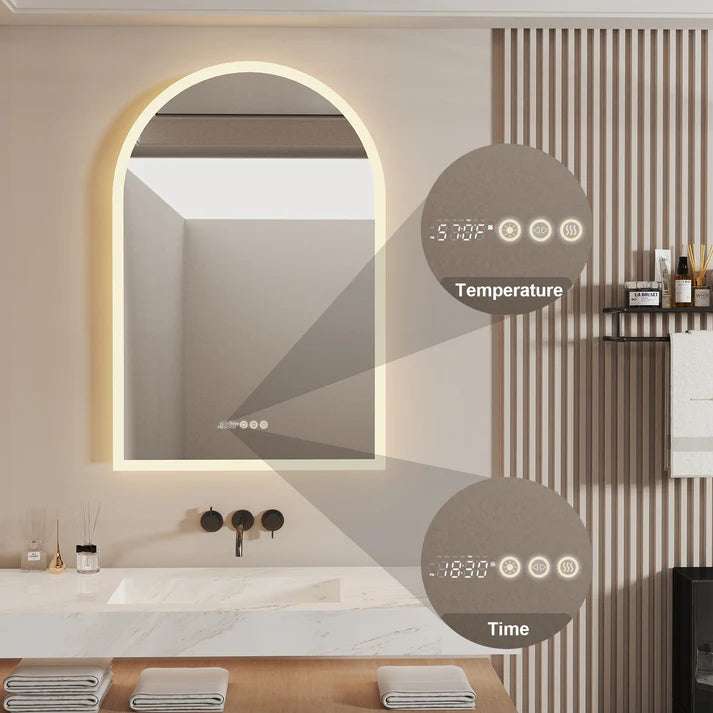 Arched Backlit Bathroom Mirror, Anti-Fog LED Mirror with Time, Date & Temperature Display and 3-Colour Lighting