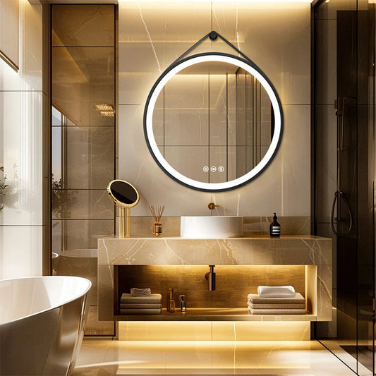Black Frame with leather rope Round Bathroom Mirror with Front Light,Wall Mounted Lighted Vanity Mirror, Anti-Fog & Dimmable