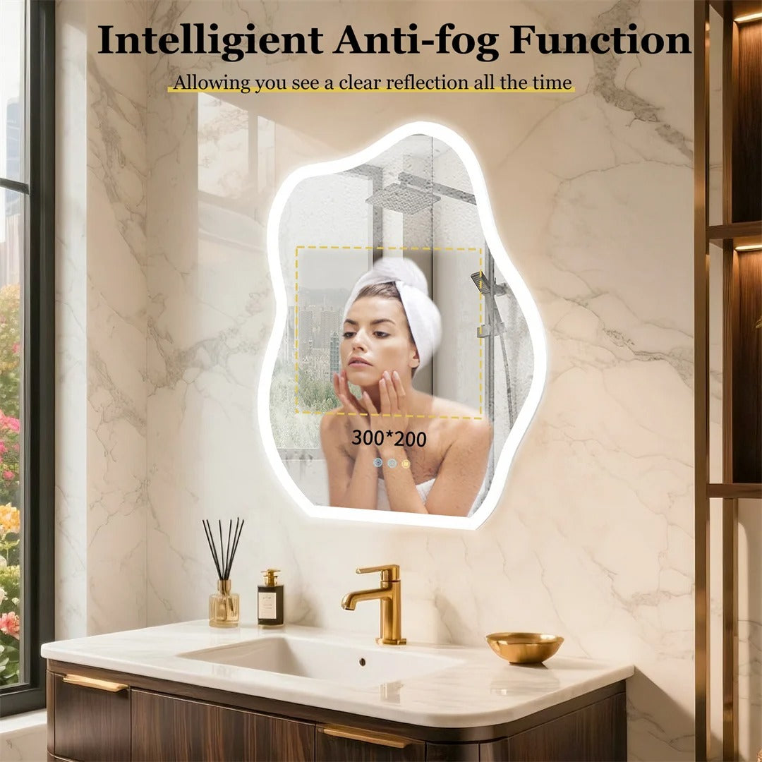 Cloud-Shaped Crystal LED Bathroom Mirror with 3-Color Backlight – 60*80cm Backlit Fogless Vanity Mirror