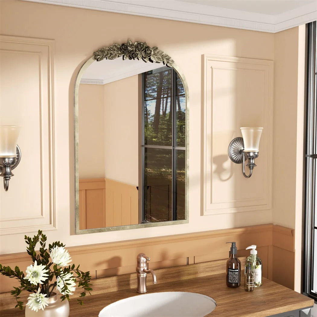 Arched Antique Brass Bathroom Mirror – Metal Frame with Decorative Resin Rose Pattern for Entryway, Fireplace & Living Room