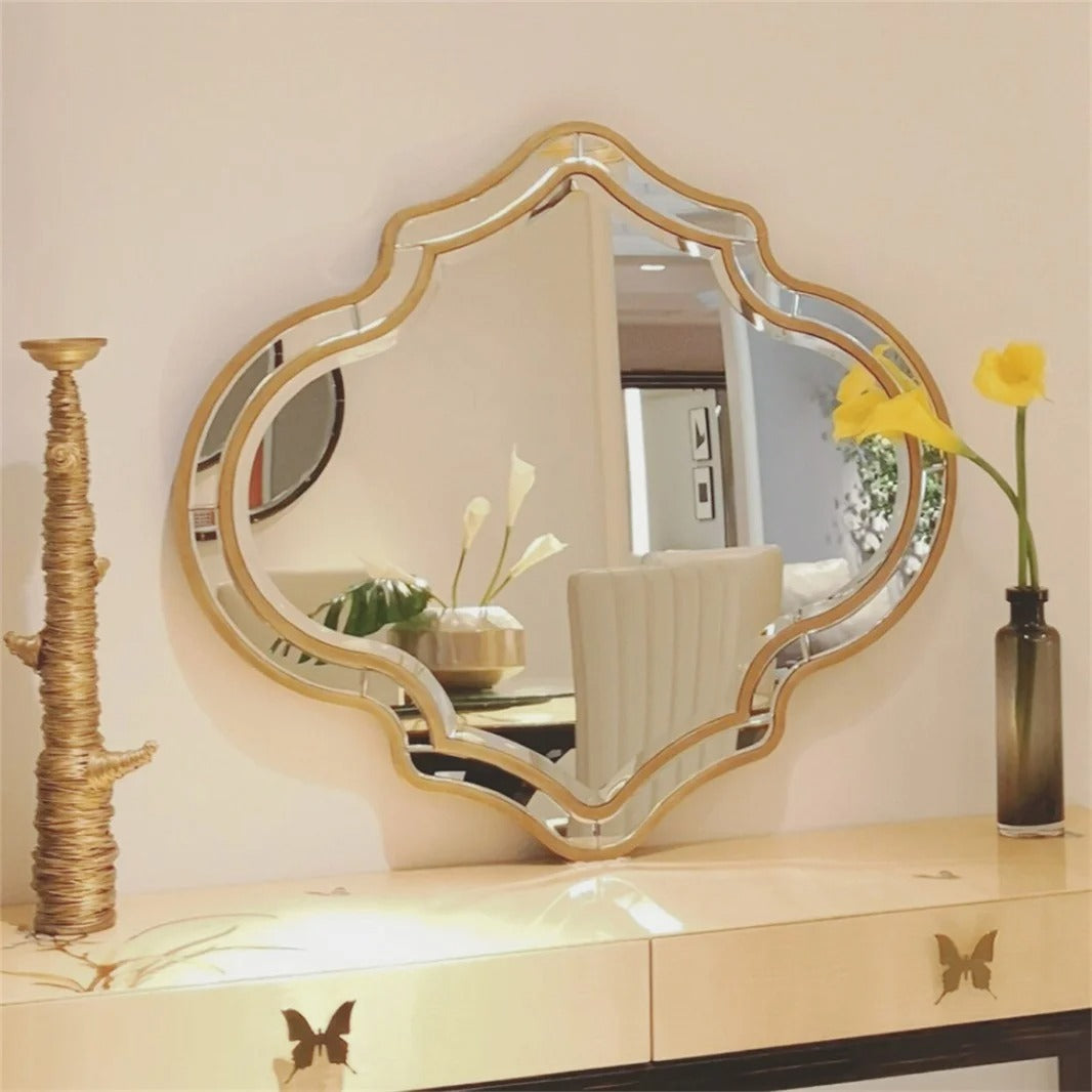 Large Gold Bathroom Mirror with Glass Frame – Modern Accent Mirror with Golden Rim for Living Room & Hallway Decor