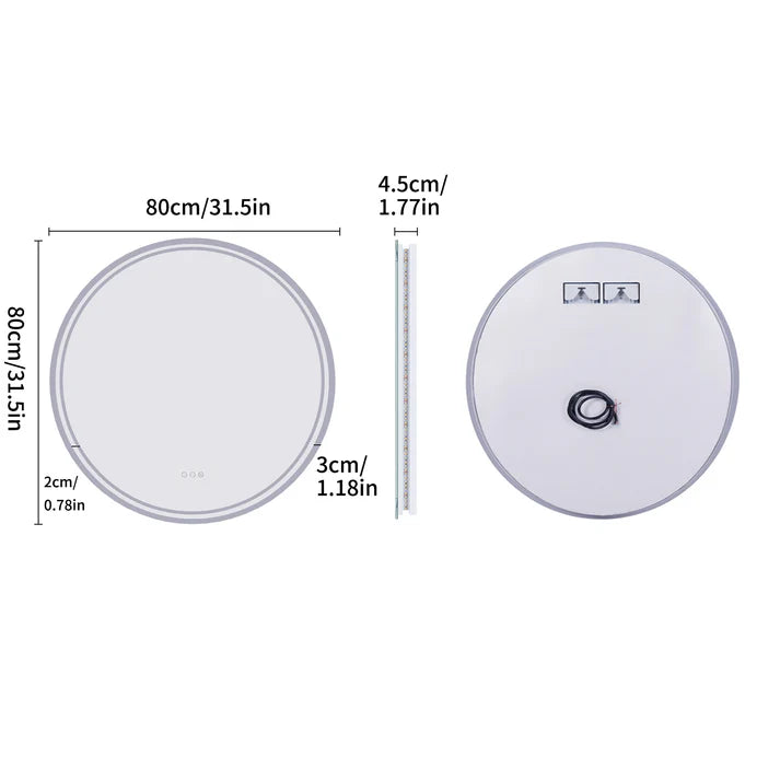 Round Backlit LED Bathroom Mirror with 3 Color Light Settings, Dimmable, anti-fog & memory function