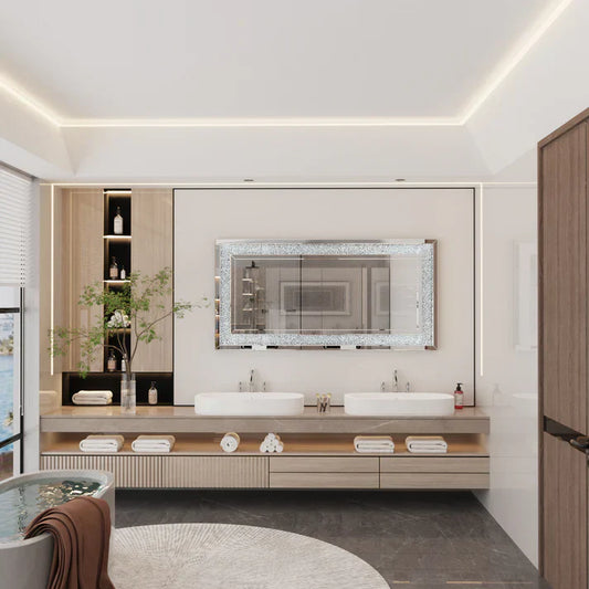 Luxury Silver Crystal Rectangle Vanity Mirror – Large Frameless Wall Dressing Mirror with Rhinestone Detailing