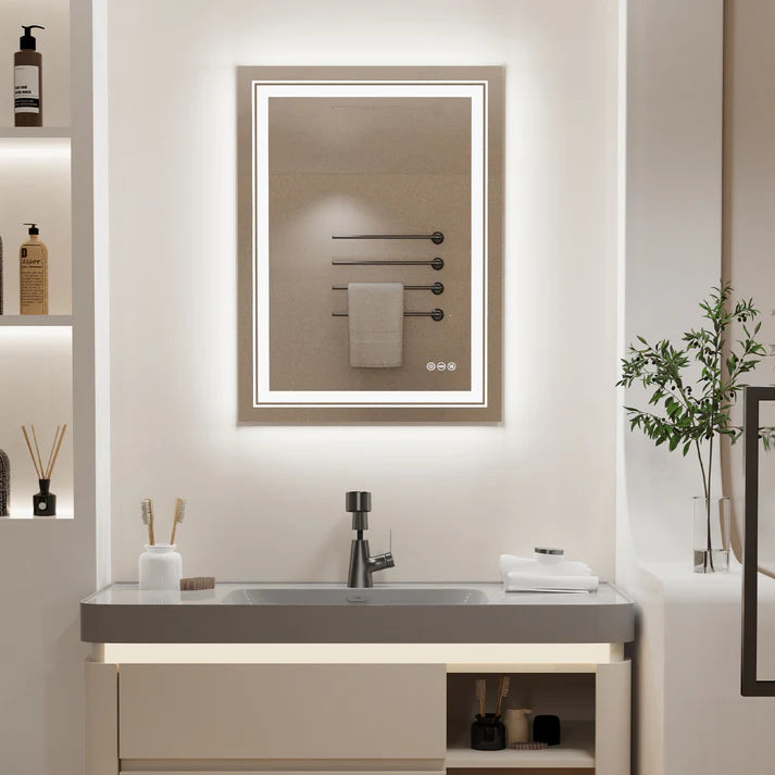 Rectangle Double Light Illuminated Bathroom Mirror with Dimmable Anti-Fog and Memory Function