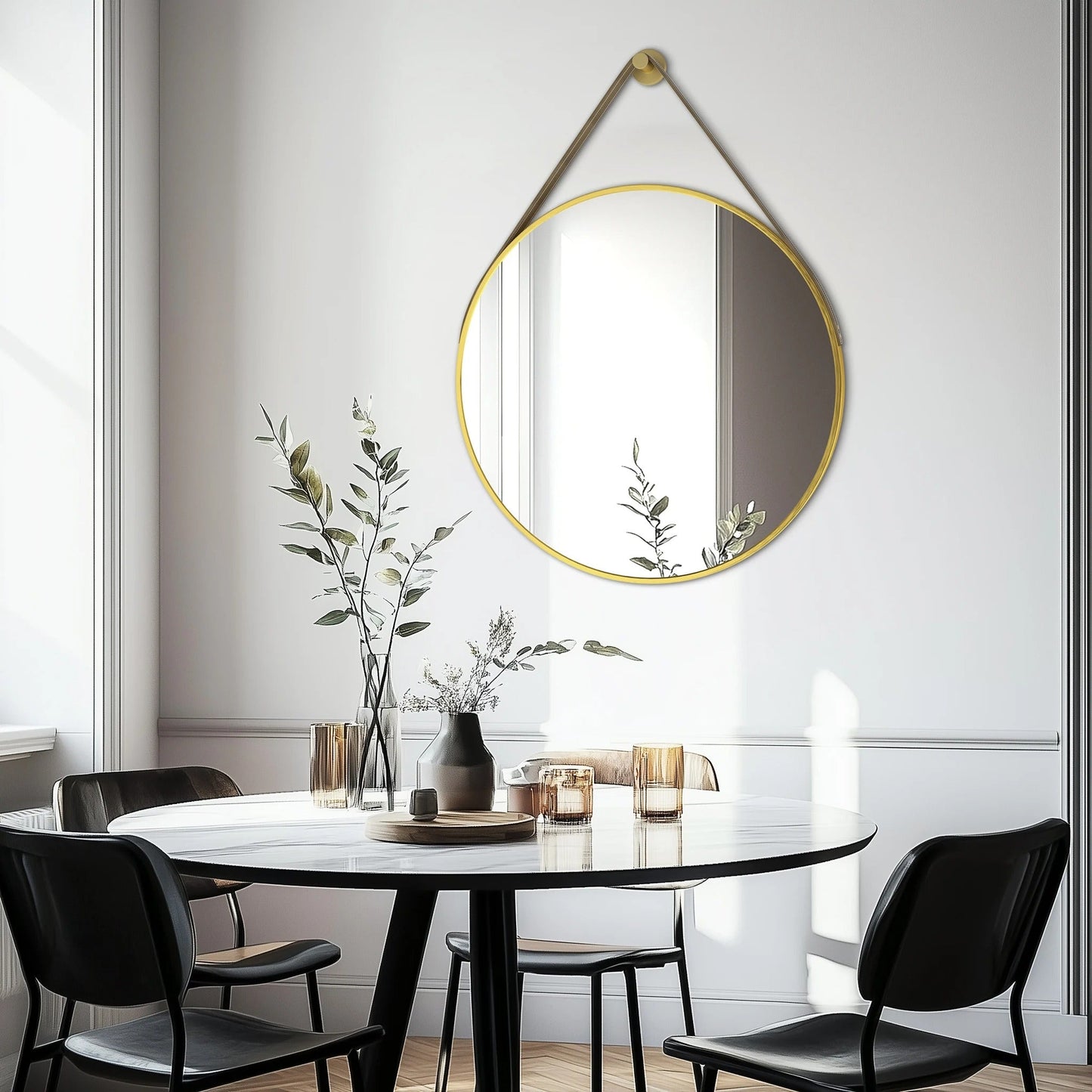 Round Black & Golden Wall Mirror – Decorative Vanity Mirror for Bathroom, Living Room and Bedroom Dressing Table