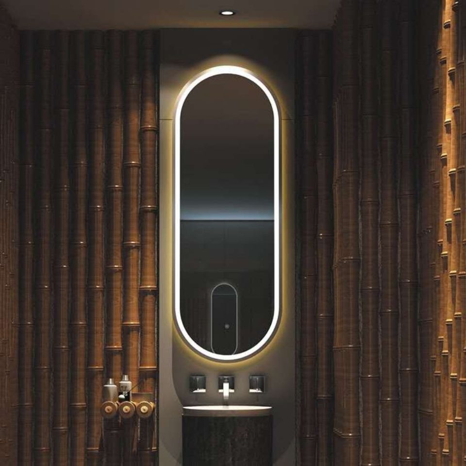 Oval Gold Aluminum Frame Frontlit LED Smart Bathroom Illumination Mirror, Wall Mounted, Anti-Fog