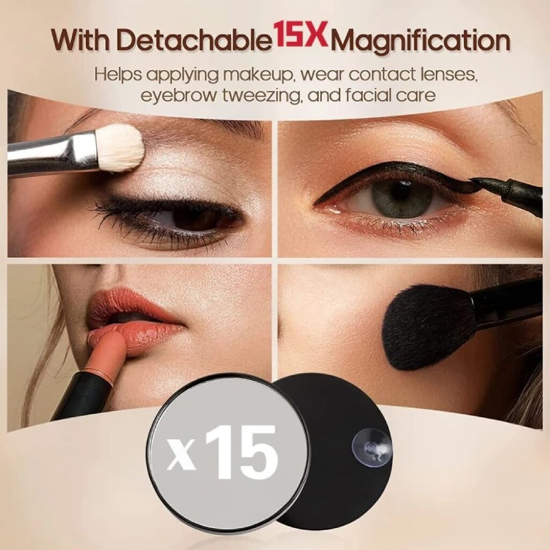 Large Vanity Makeup Mirror with Light – Detachable 15X Magnifier, 3 Color Modes, Touch Control & 360° Rotation