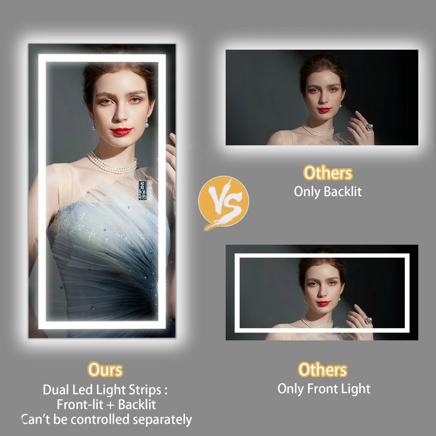 Smart LED Bathroom Mirror With Bluetooth,Multiple Size Large Rectangle Double Lights with Anti-Fog, 3 Color
