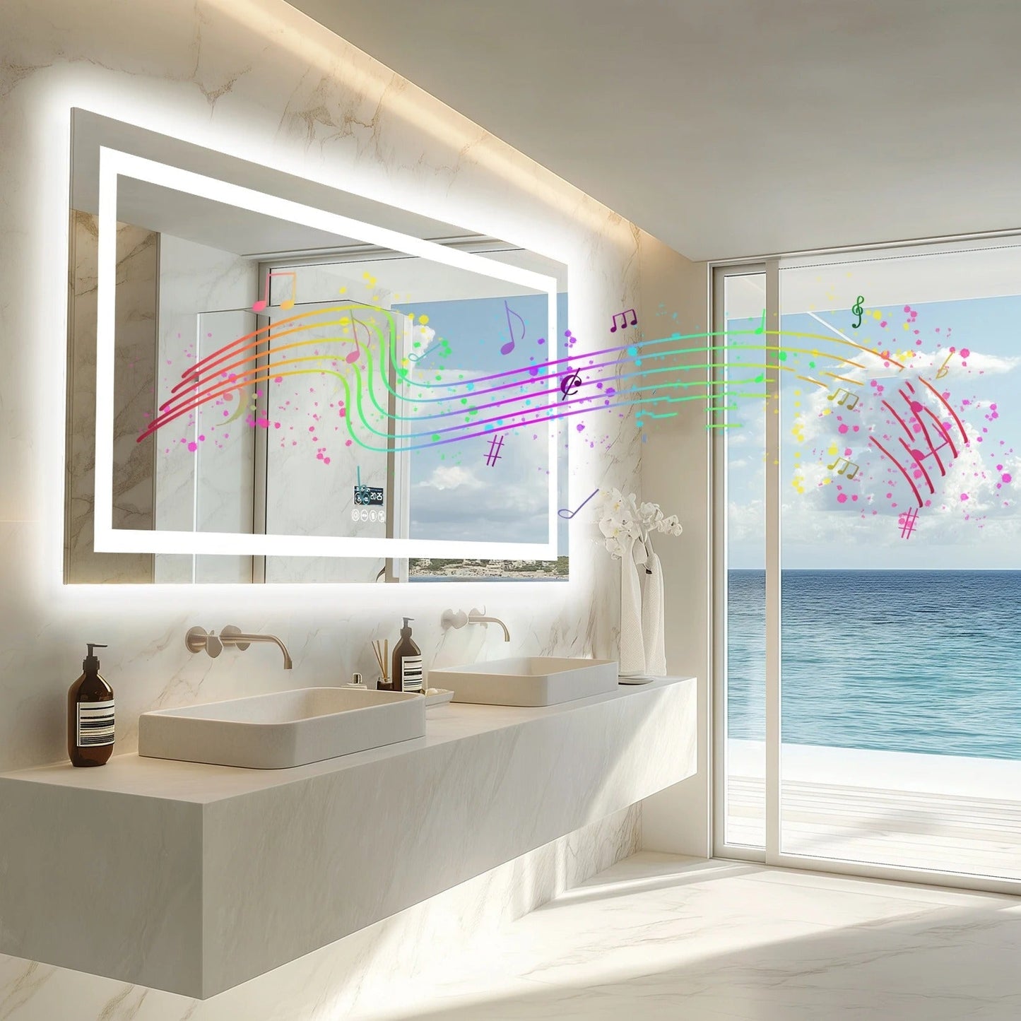 Smart LED Bathroom Mirror With Bluetooth,Multiple Size Large Rectangle Double Lights with Anti-Fog, 3 Color