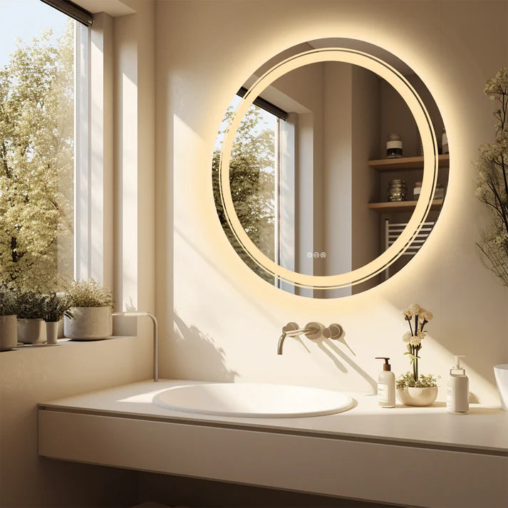 Round Double Light LED Bathroom Mirror, Dimmable, Anti-Fog Circle Wall Mounted Bathroom Mirror