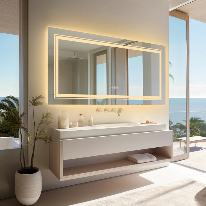 Extra-Large Rectangle Double Lights LED Bathroom Mirror, with Anti-Fog, 3 Adjustable color, Dimming & Memory Fuction