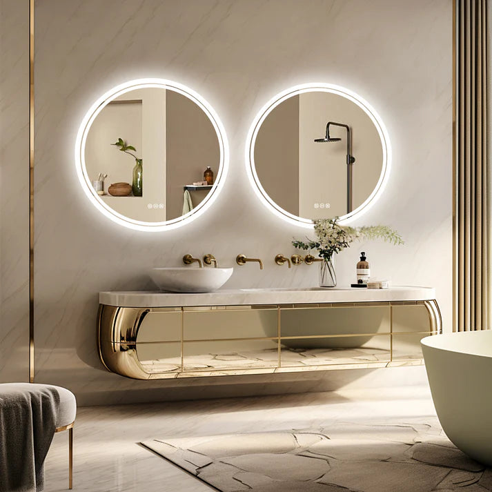 Round Backlit LED Bathroom Mirror with 3 Color Light Settings, Dimmable, anti-fog & memory function