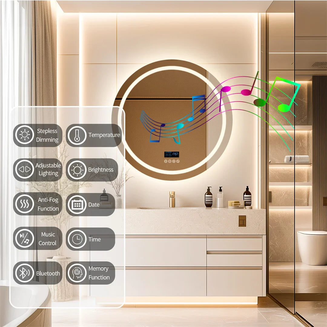 LED Bathroom Mirror with Bluetooth Speaker and Clock