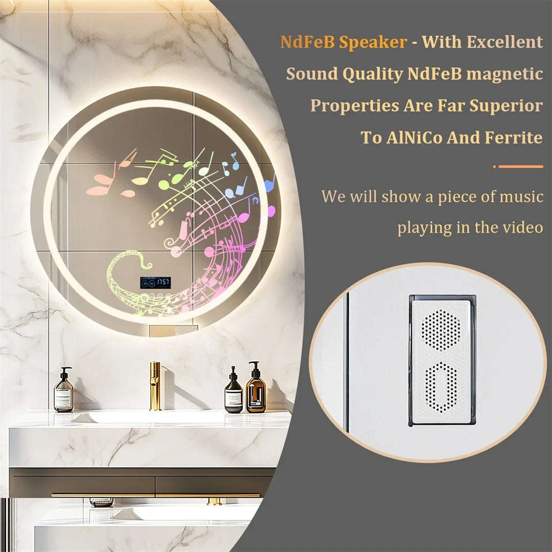LED Bathroom Mirror with Bluetooth Speaker and Clock