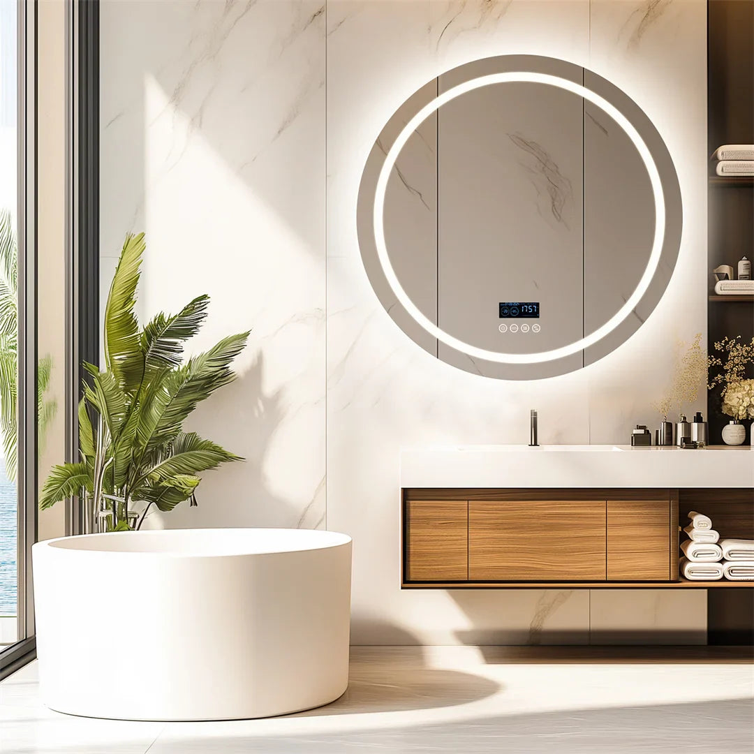 LED Bathroom Mirror with Bluetooth Speaker and Clock