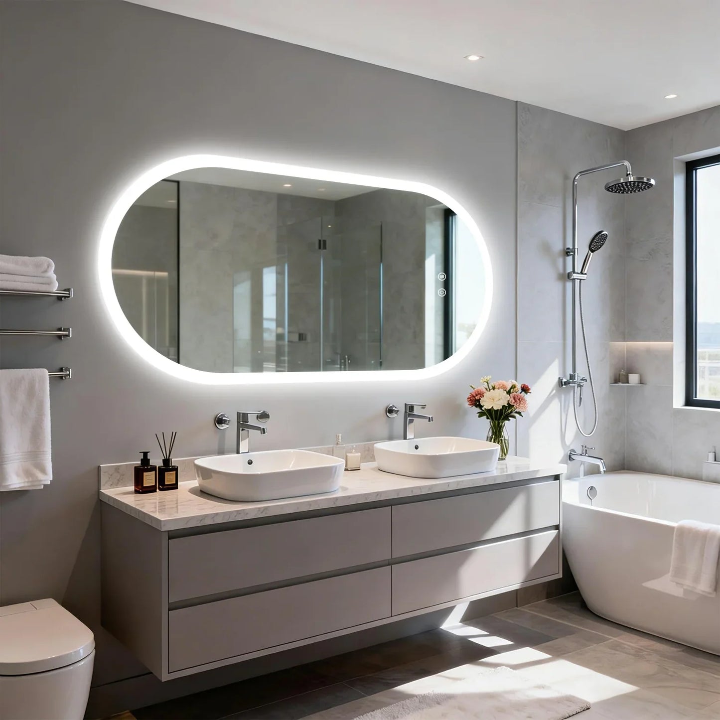 Long Oval LED Bathroom Mirror, Backlit Illuminated Bathroom Vanity Mirror, Memory Function Anti-Fog