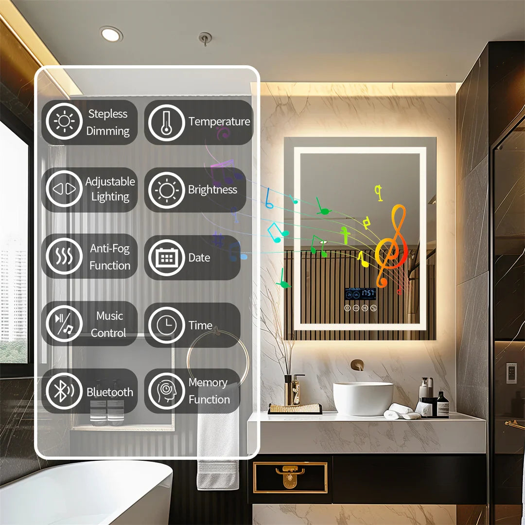 LED Bathroom Mirror with Bluetooth Speaker – Anti-Fog