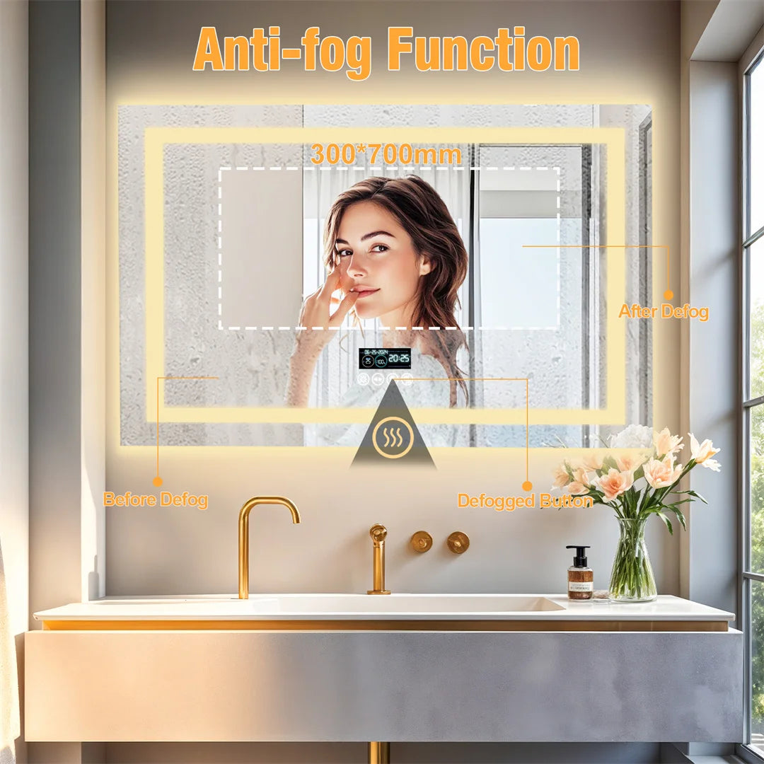 Rectangle Bluetooth Smart Bathroom Mirror Illuminated Defog with Speakers and Time/Date/Temperature Display