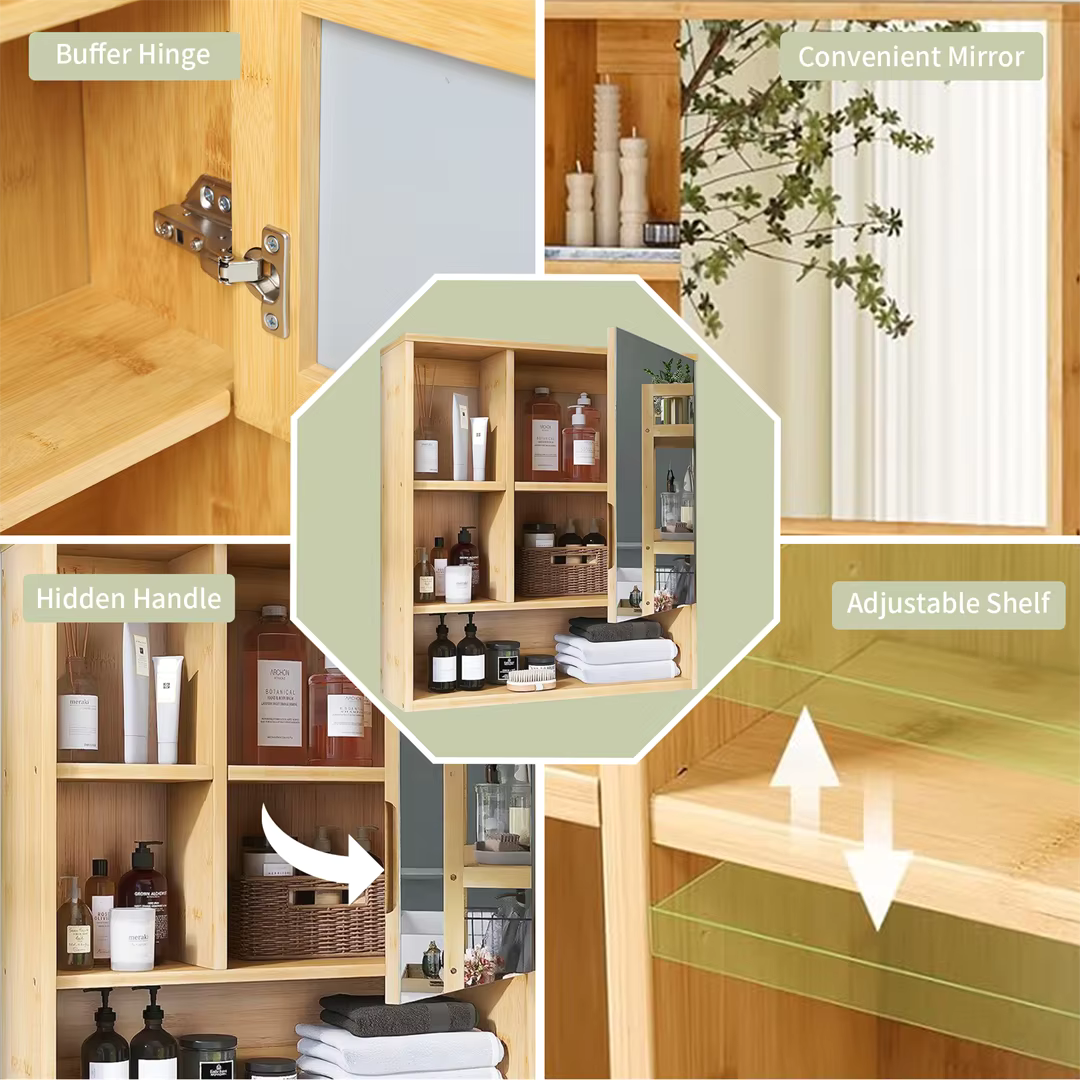 Bamboo Bathroom Mirror Cabinet with Adjustable Shelves – 22x24"