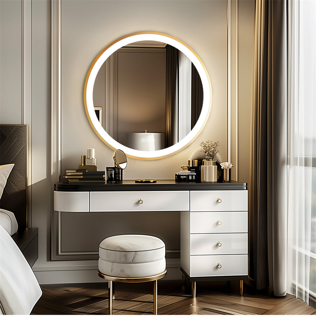 Round Gold Bathroom Mirror with Light, Anti Fog