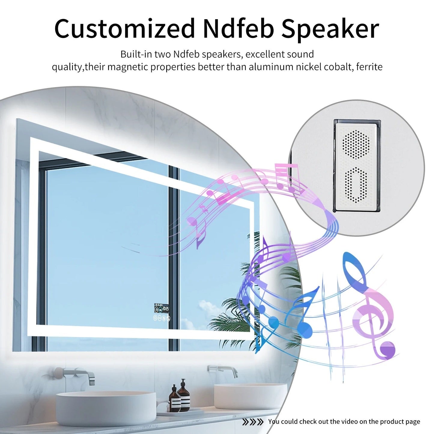 Smart LED Bathroom Mirror With Bluetooth,Multiple Size Large Rectangle Double Lights with Anti-Fog, 3 Color
