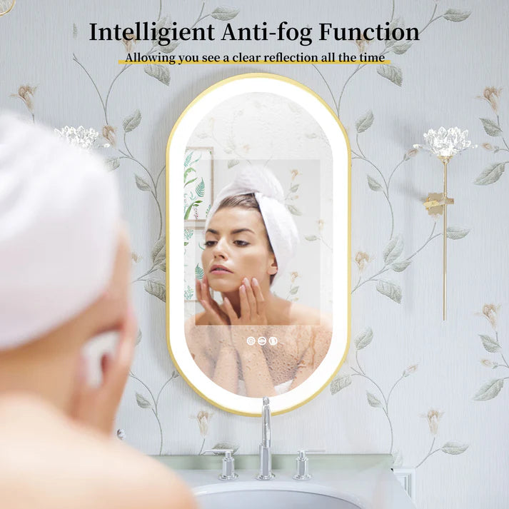Oval Gold Aluminum Frame Frontlit LED Smart Bathroom Illumination Mirror, Wall Mounted, Anti-Fog