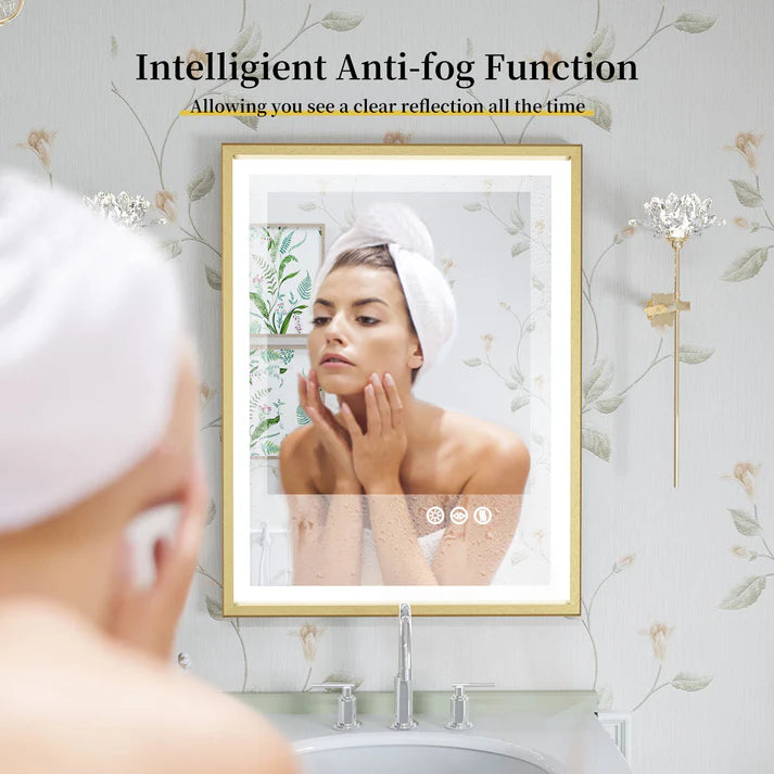 Rectangle Golden Aluminum Alloy Frame, Front Light Large LED Bathroom Illumination Mirror, Wall Mounted, Anti-Fog