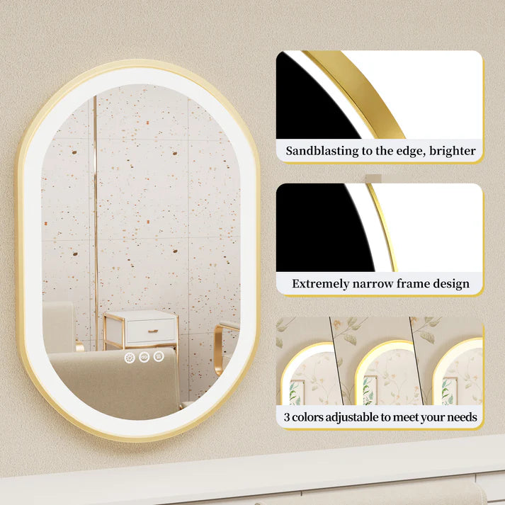 Oval Gold Aluminum Frame Frontlit LED Smart Bathroom Illumination Mirror, Wall Mounted, Anti-Fog
