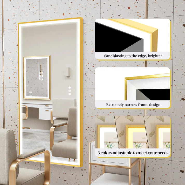 Rectangle Golden Aluminum Alloy Frame, Front Light Large LED Bathroom Illumination Mirror, Wall Mounted, Anti-Fog