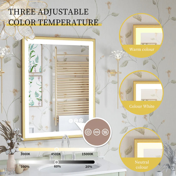 Rectangle Golden Aluminum Alloy Frame, Front Light Large LED Bathroom Illumination Mirror, Wall Mounted, Anti-Fog