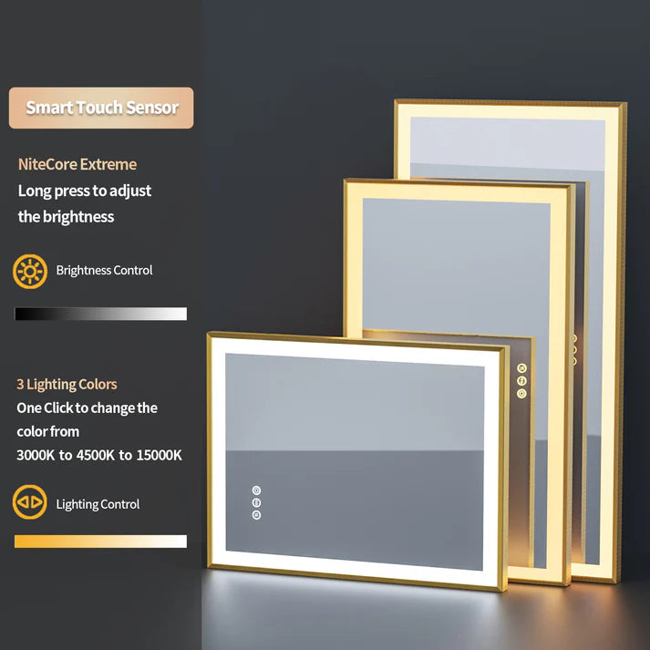 Rectangle Golden Aluminum Alloy Frame, Front Light Large LED Bathroom Illumination Mirror, Wall Mounted, Anti-Fog