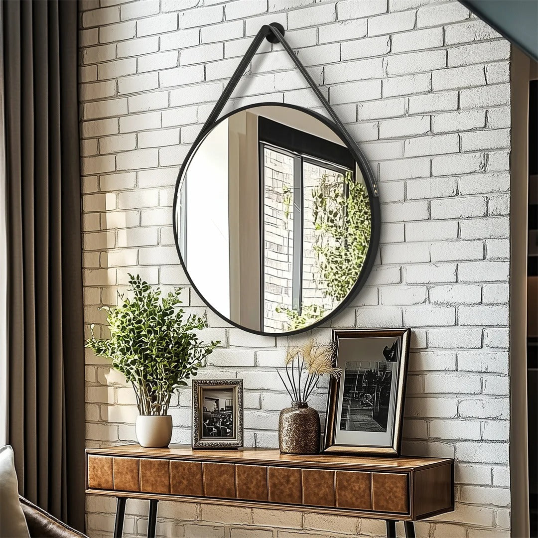 Round Black & Golden Wall Mirror – Decorative Vanity Mirror for Bathroom, Living Room and Bedroom Dressing Table