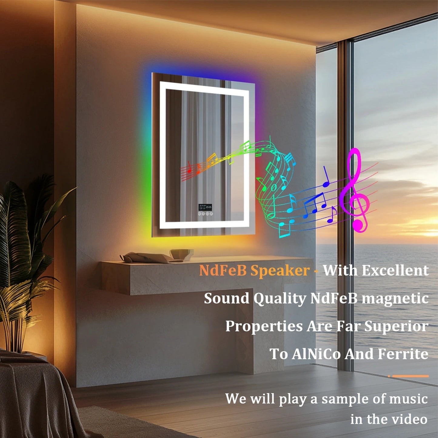 Rectangle Multiple Size Glitzy RGB,Large Smart LED mirror With Bluetooth Speakers,Double Light LED Bathroom Mirror ,Anti-Fog