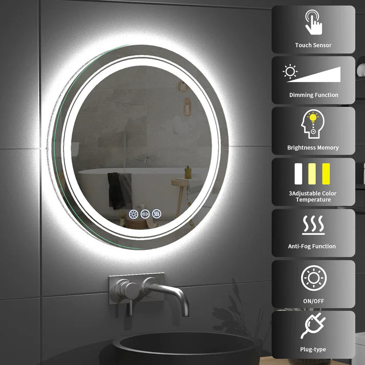 Round Double Light LED Bathroom Mirror, Dimmable, Anti-Fog Circle Wall Mounted Bathroom Mirror