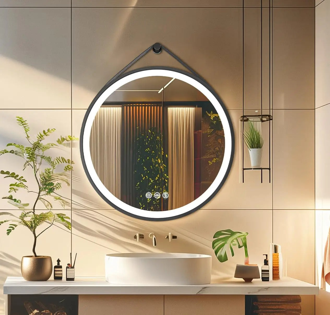 Black Frame with leather rope Round Bathroom Mirror with Front Light,Wall Mounted Lighted Vanity Mirror, Anti-Fog & Dimmable