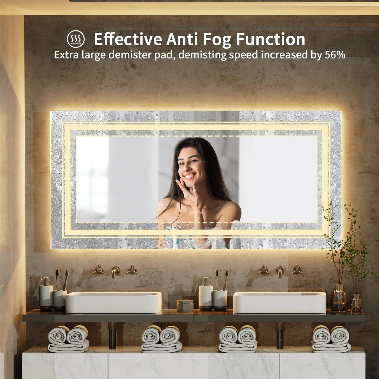 Rectangle Double Light Illuminated Bathroom Mirror with Dimmable Anti-Fog and Memory Function