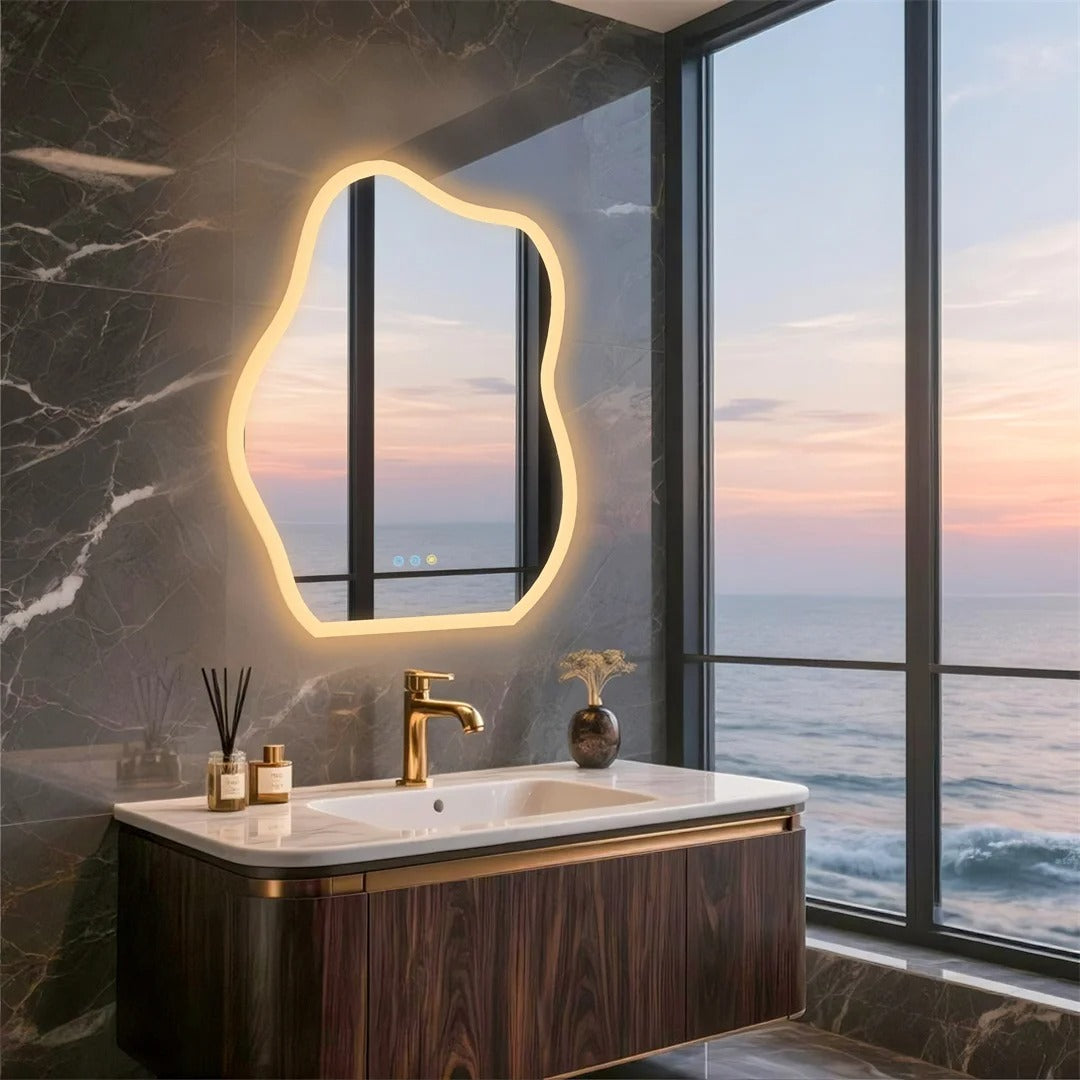 Cloud-Shaped Crystal LED Bathroom Mirror with 3-Color Backlight – 60*80cm Backlit Fogless Vanity Mirror