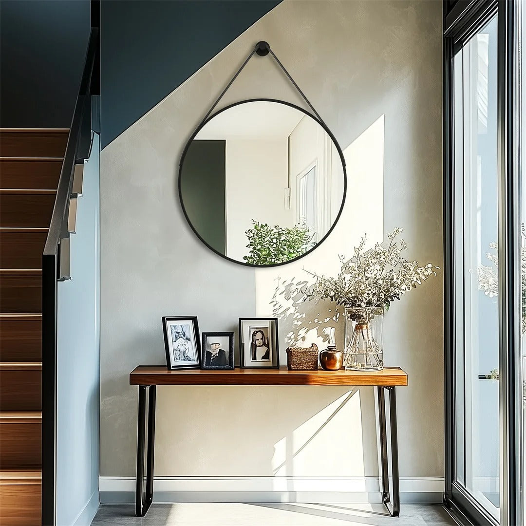 Round Black & Golden Wall Mirror – Decorative Vanity Mirror for Bathroom, Living Room and Bedroom Dressing Table