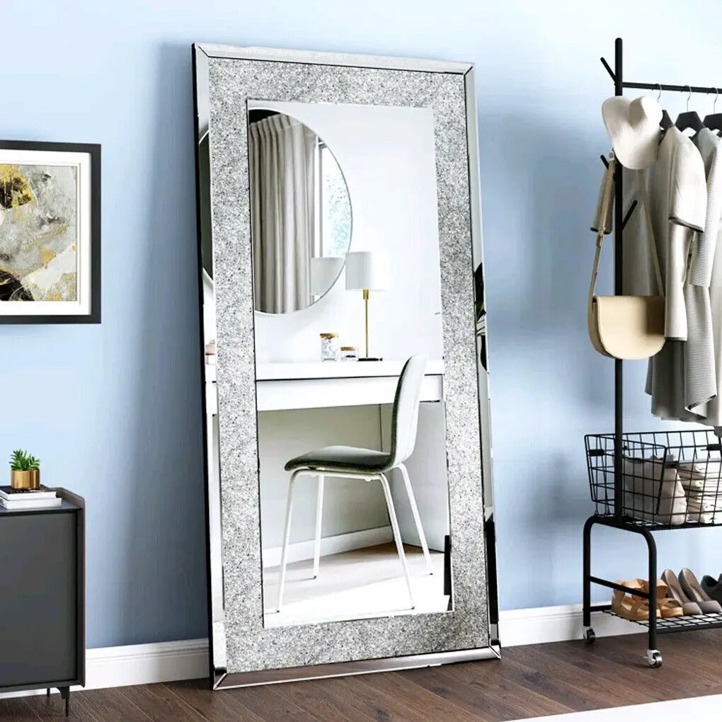 Luxury Silver Crystal Rectangle Vanity Mirror – Large Frameless Wall Dressing Mirror with Rhinestone Detailing