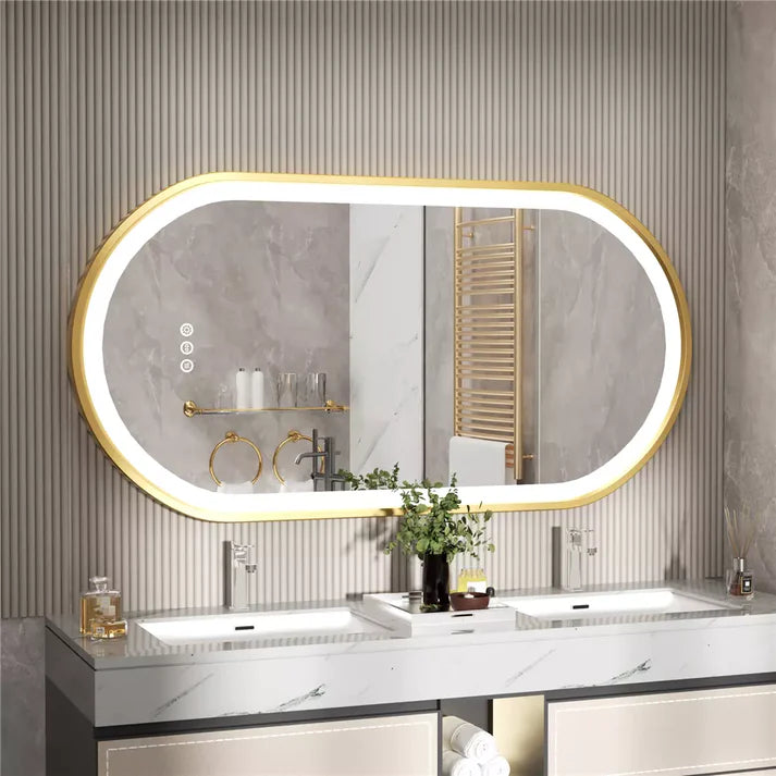 Oval Gold Aluminum Frame Frontlit LED Smart Bathroom Illumination Mirror, Wall Mounted, Anti-Fog