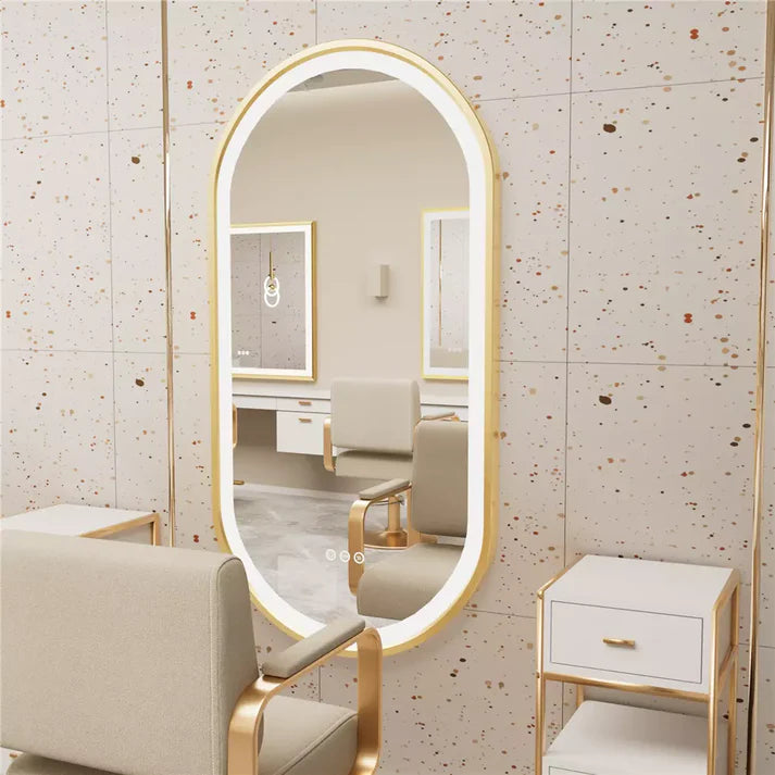 Oval Gold Aluminum Frame Frontlit LED Smart Bathroom Illumination Mirror, Wall Mounted, Anti-Fog