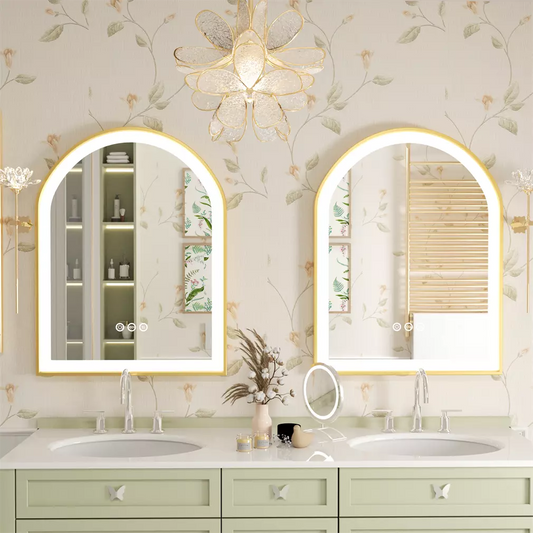 Arched Gold Aluminum Frame Front-lit LED Illuminated Bathroom Smart Mirror, 3 Colors Dimming, Defog and Memory Function